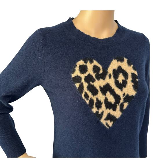 J. Crew Everyday Pure Cashmere Crewneck Sweater with Leopard Heart Blue Size S - Picture 9 of 12